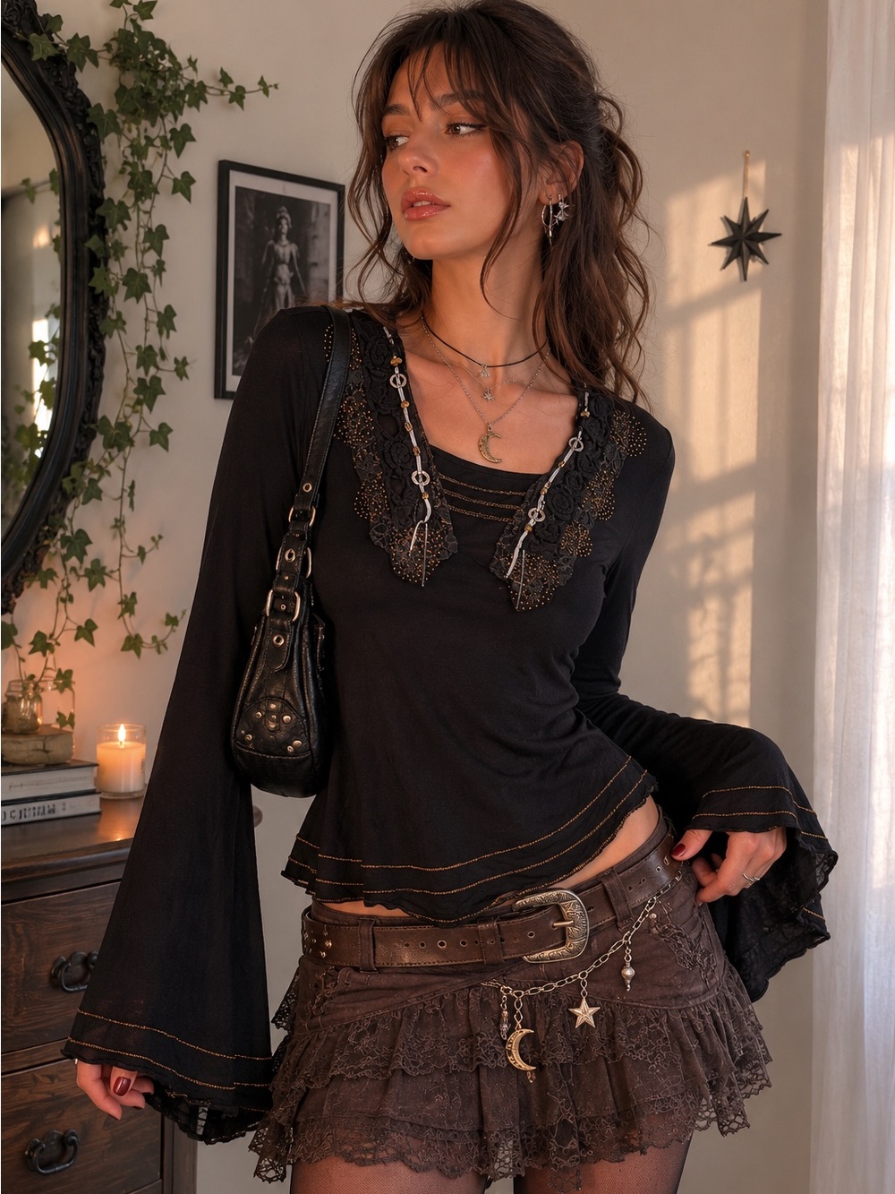 Black Whimsigoth Flower Crochet Beaded Bell Sleeve Top Women M Fairy Grunge
